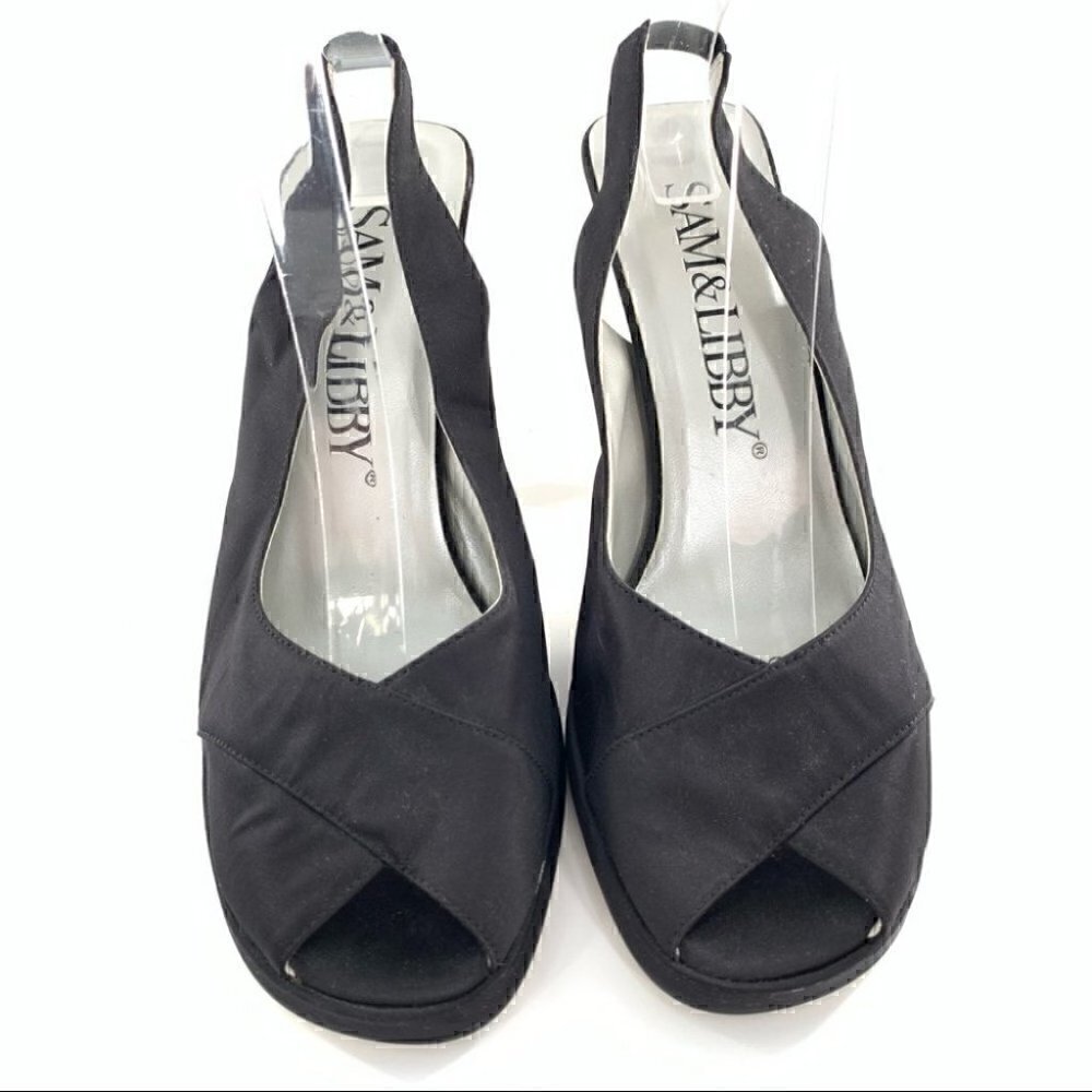 Sam & Libby heels size 8 Dion black satin peep toe slingbacks y2k formal party
